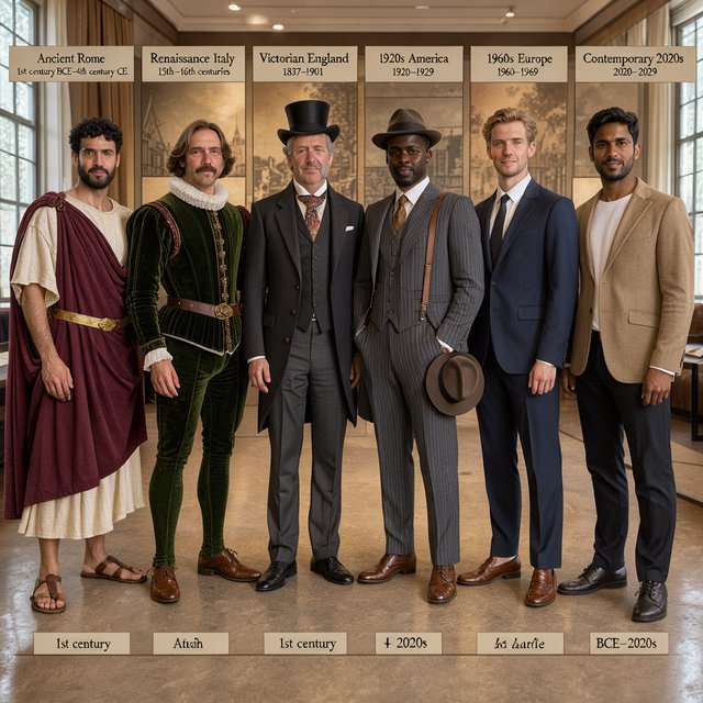 A realistic image only, showing nice outfits worn by adult men from at least 4–6 different eras. Mention the time range for each era. — FLUX 3 Image Klein
