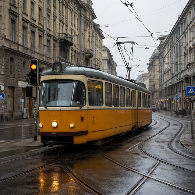 At a rain-darkened intersection, a tram grinds through a curve, its steel wheels shining beneath amber signal glow. A street-level news photo, shot on a 35mm lens with moderate depth of field, catches beads of water on the windows and slight wheel blur. — Qwen Image 3.0