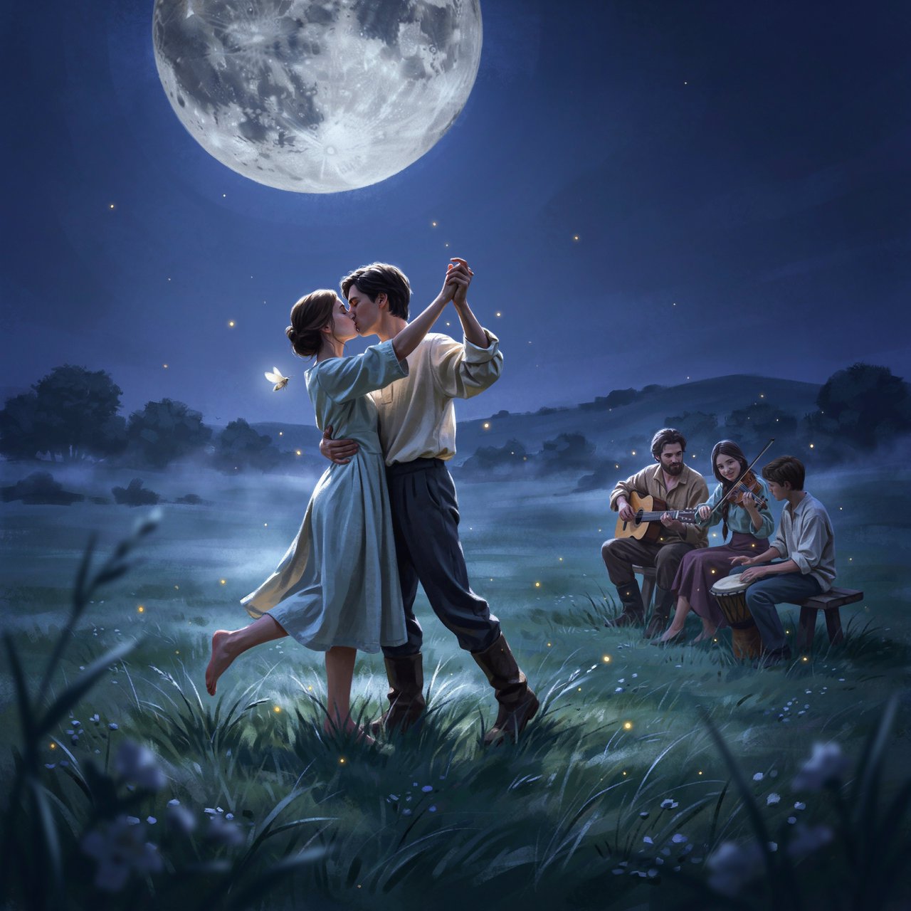 An illustration of a young adult European couple sharing a kiss while dancing in a moonlit meadow, with tall grass, fireflies, musicians playing music, and a huge silver moon overhead. — Ideogram v4