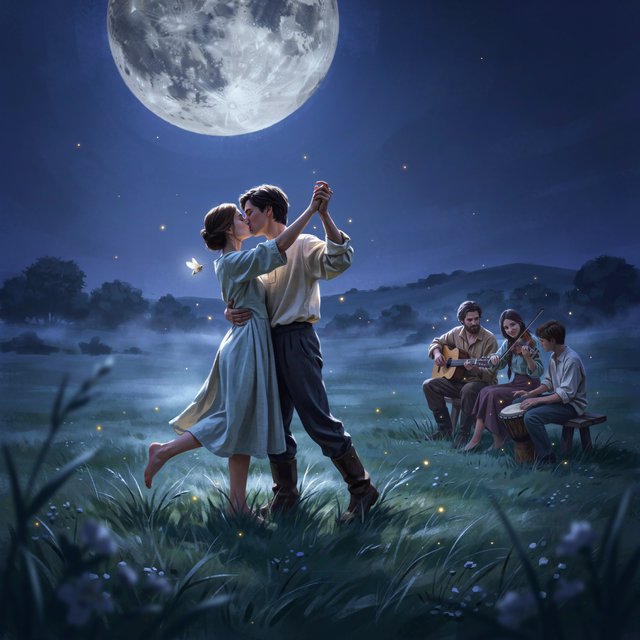 An illustration of a young adult European couple sharing a kiss while dancing in a moonlit meadow, with tall grass, fireflies, musicians playing music, and a huge silver moon overhead. — Ideogram v4