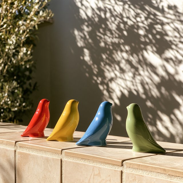 On a sunlit tiled ledge, exactly four ceramic bird figurines form a row: red at far left, yellow at left-center, blue at right-center, and green at far right; all face forward, nothing else. — Midjourney V8.2