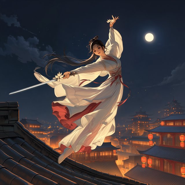 Elegant young adult Chinese female dancer performing a sword dance on a rooftop in ancient China at night, wearing flowing hanfu in primary white with secondary red accents. She leaps high in midair with her body arched backward, sword arm thrust forward, while her other arm rises gracefully above her with the hand forming delicate orchid fingers. Frontal three-quarter view, long black hair and sleeves flowing, expressive elegant pose, lantern-lit ancient city below, glowing rooftops and streets, romantic moonlit atmosphere. — Midjourney Niji 7