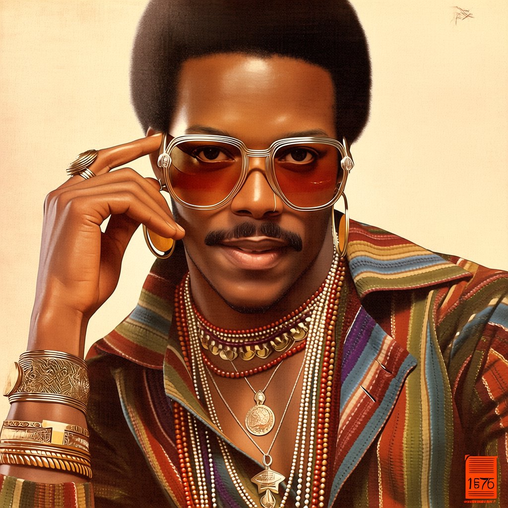 Create an image of a man in the quintessential style of 1975. Style his hair, clothing, accessories, and surroundings to reflect the distinctive look of the mid-1970s—featuring bold silhouettes, eye-catching accessories, layered details, and characteristic colors and textures. Give the image the feel of an authentic 1975 photograph, complete with analog film grain, faded colors, direct flash lighting, and a slight soft-focus effect. Add a period-accurate, red-orange date stamp in a 1970s style in one of the bottom corners. No recognizable posters. No modern objects or text. — Midjourney Niji 7