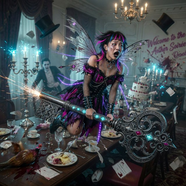 Cyberpunk Edwardiancore Futurism, off-shoulder, raving Gothic, sensational, tiny flying East Asian adult fairy punk. She surfs on a massive oversized colossal key that is zipping around a dining hall, creating mayhem and a mess as she hangs on to the runaway flying magical ornate Gothic-designed key. Close-up on her exaggerated, desperate, shocked face as she hangs on for dear life. Comedically sensational fairy. Real cinematic photography. Real skin pores. Comical but realistic. — Grok Imagine Image Quality