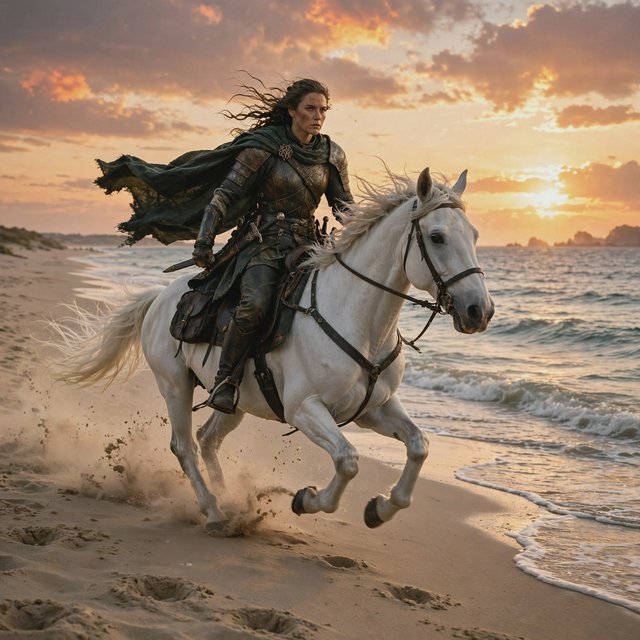 An adult female warrior on her white steed galloping along a fine-sand beach at sunset. — Muse Image 1.0