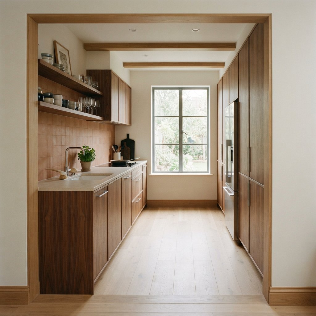 Along a galley kitchen, flat-front walnut cabinets meet pale limestone counters and a matte terracotta backsplash in restrained Scandinavian modern style; soft north-window daylight reveals the worktop from the doorway, with clean aligned lines and believable supports. — Nano Banana 2 Lite