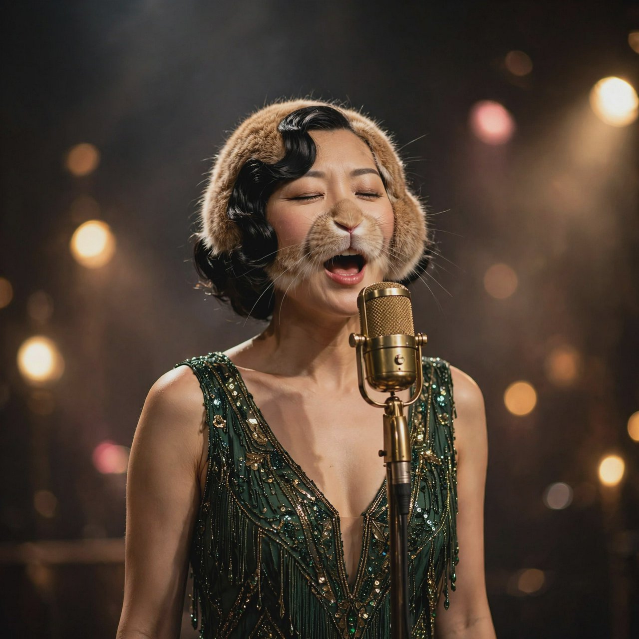 Anthropomorphic rabbit-human hybrid. No human ears visible; the areas where ears would normally be are covered by rabbit fur. A pulchritudinous East Asian 32-year-old wearing a luxurious flapper dress with a deep V split down the center, standing on stage behind a luxurious retro microphone, singing her heart out into it. Taken with a professional DSLR camera and a 35mm lens. Background bokeh, stage lights with a bloom effect. — Muse Image 1.0