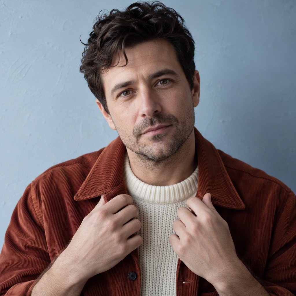 Portrait photograph of an adult man in his late 30s wearing a rust-colored corduroy overshirt over a cream knit, fingertips resting on its broad collar. His quietly curious gaze meets the camera against a pale blue plaster backdrop, softly lit by cool side-window light. — GPT Image 2.5 Sunburst