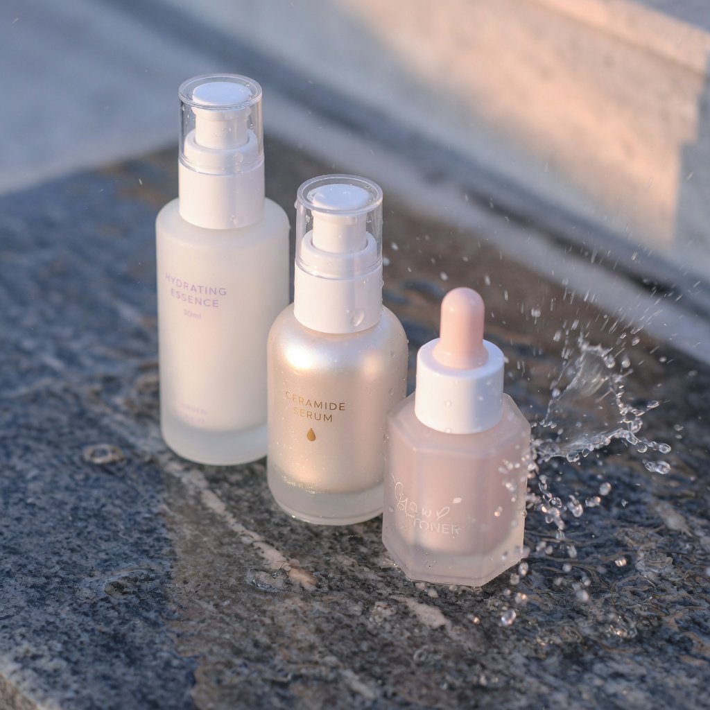 Three frosted glass skincare bottles on a wet stone surface with a splash of water, morning light, shallow depth of field. — Grok Imagine Image Quality
