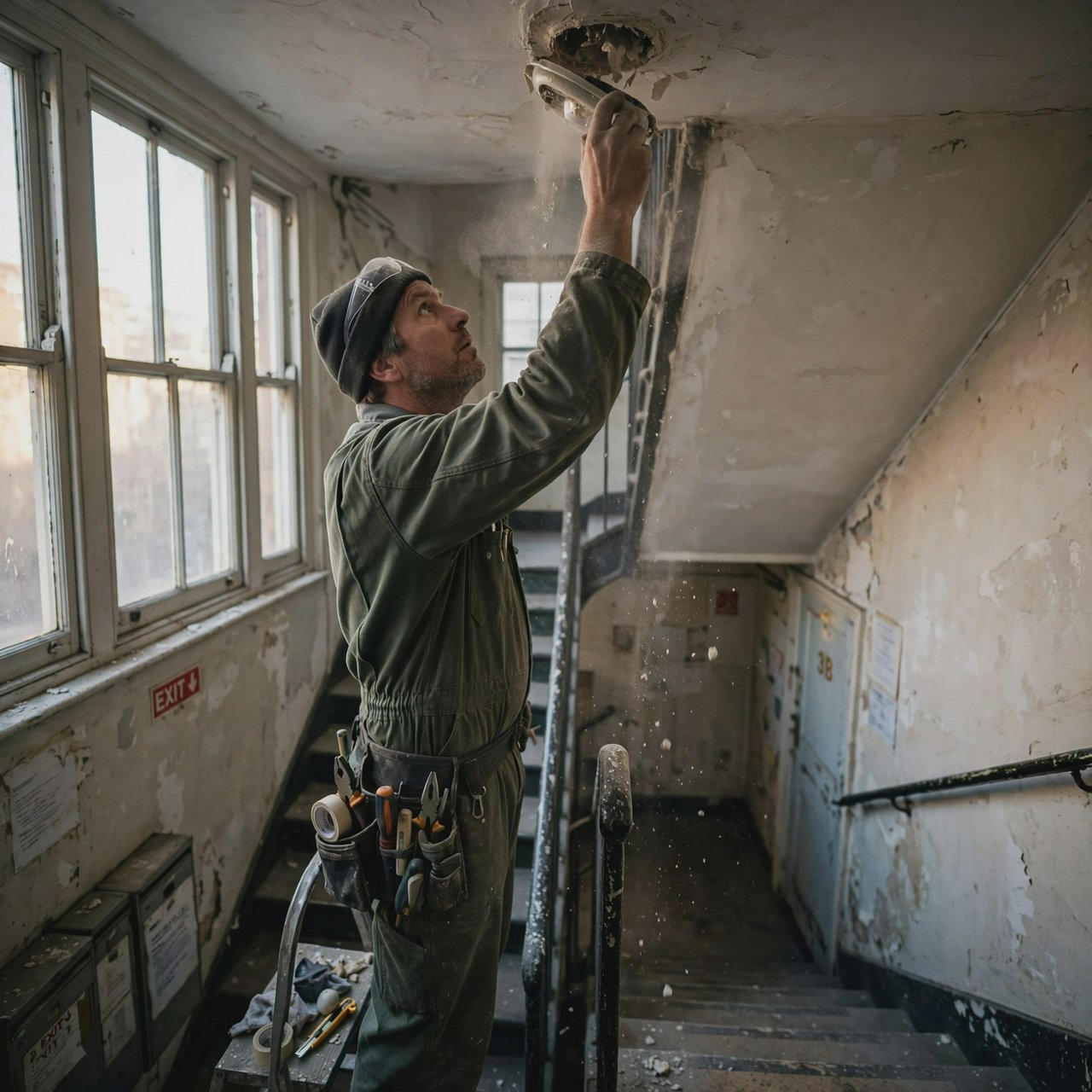 Candid documentary photograph of an adult building caretaker changing a ceiling light in a quiet apartment stairwell, pale afternoon window light, 35mm lens with moderate depth of field, plaster dust drifting from the fixture. — Muse Image 1.0