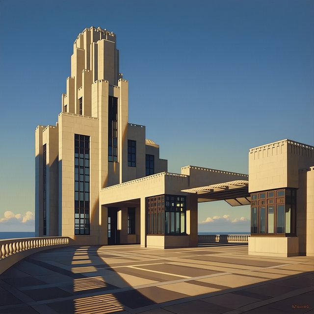 Exterior of a coastal Art Deco ferry terminal, cream limestone, dark bronze window frames, stepped geometric tower and sheltered arcade, late-morning sunlight casting sharp shadows, viewed from across a windswept stone forecourt, realistic architectural photography with precise lines and plausible structure. — Midjourney Niji 7