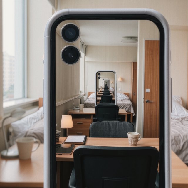 A dorm room belonging to an adult woman, photographed with a cell phone. The camera is sitting on a desk facing the empty chair and the rest of the room. — Kling v3 Omni