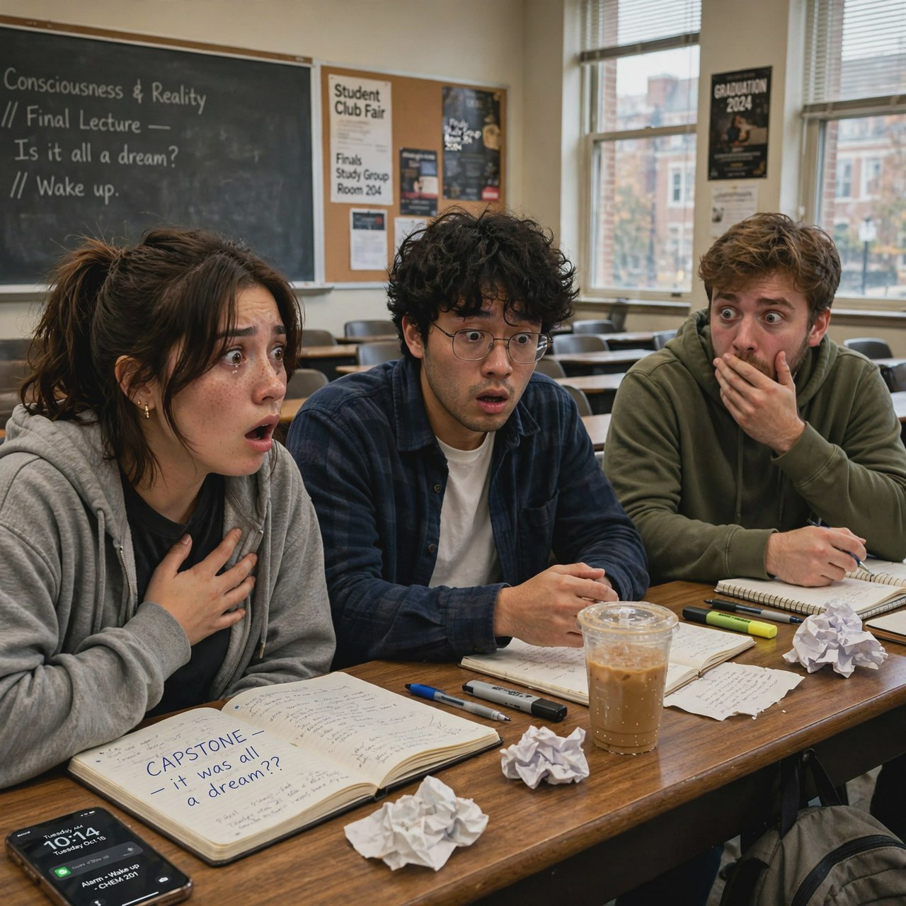 Realistic image. People discovering that their lives were all just a dream at the end of their lives. The whole time, they were just 21-year-old college students who took a nap in class. — Muse Image 1.0