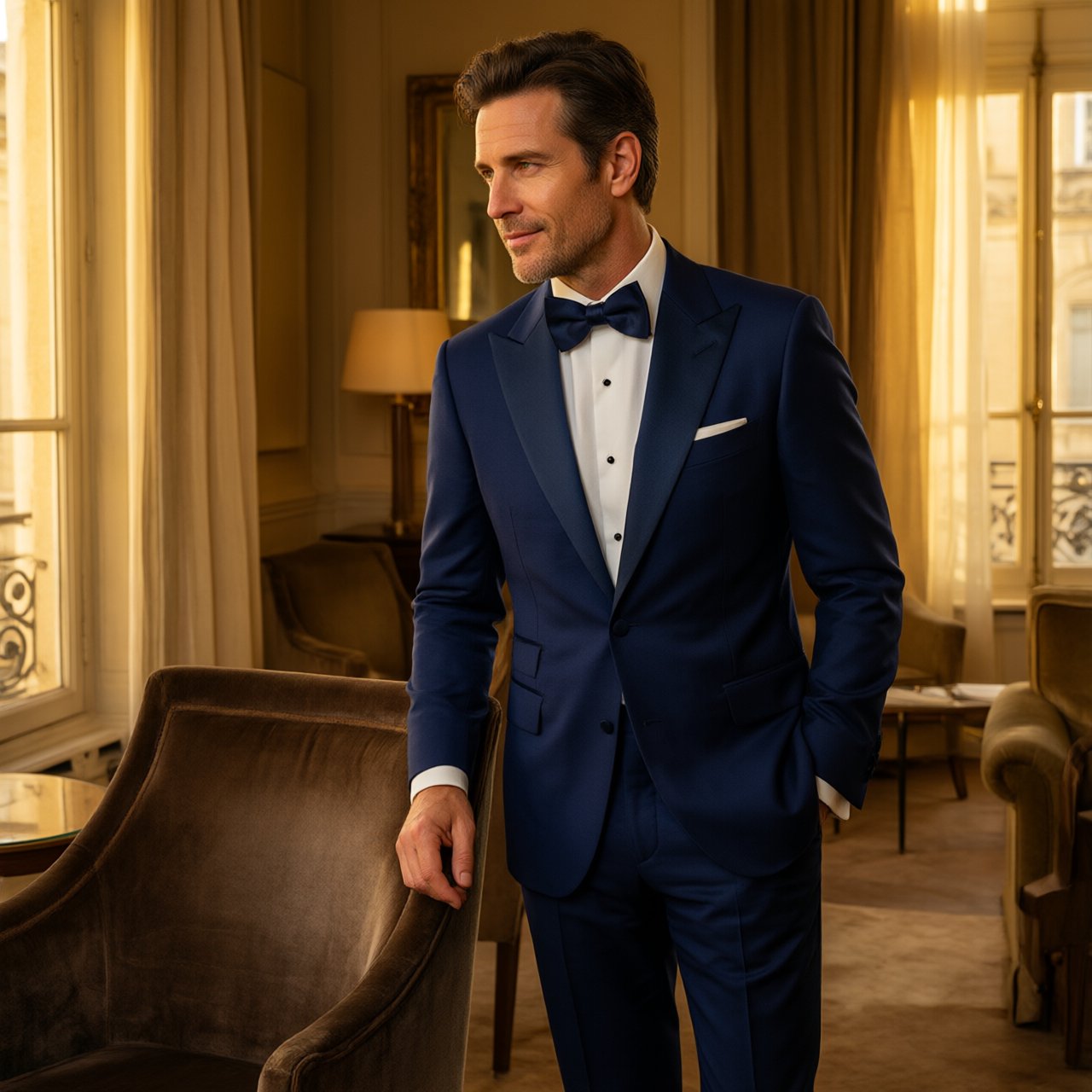 Editorial glamour photograph of an adult man in a midnight-blue tuxedo, standing naturally beside a velvet chair in a quiet hotel lounge, flattering amber window light, relaxed expression, polished magazine composition. — Qwen Image 3.0