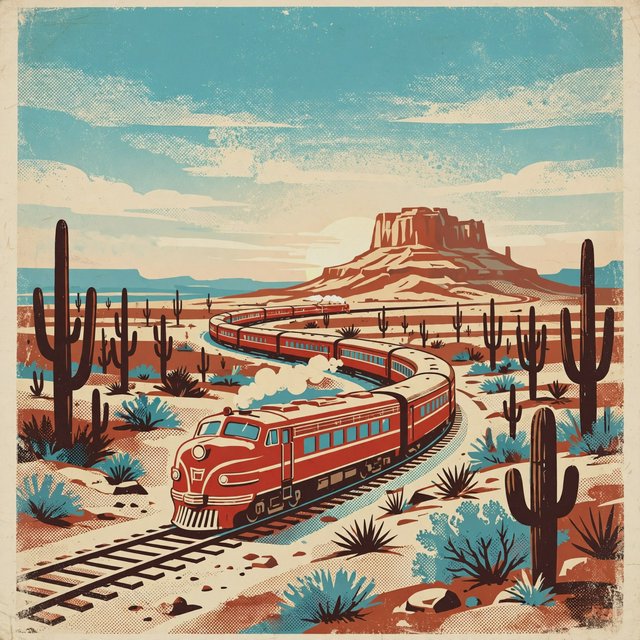 At dawn, a scarlet desert train curves past saguaro silhouettes toward a mesa; screen-printed gouache illustration in mid-century travel-poster style, palette of rust, turquoise, sand, and cream, no lettering. — Muse Image 1.0