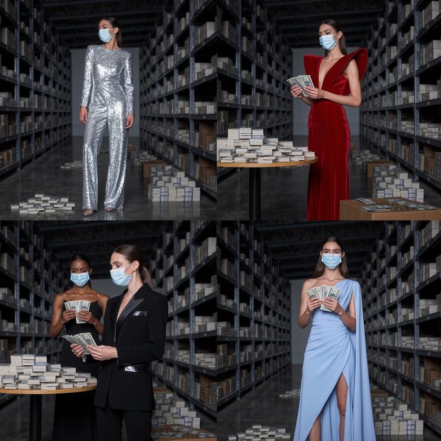 Adult women wearing masks (the kind you wear when you have a cold), in a warehouse, all wearing the kinds of outfits you would see models wear on a runway, counting lots of money (money is seen everywhere, on tables, on the floor, etc.). At least 4 different POVs. — Kling v3 Omni