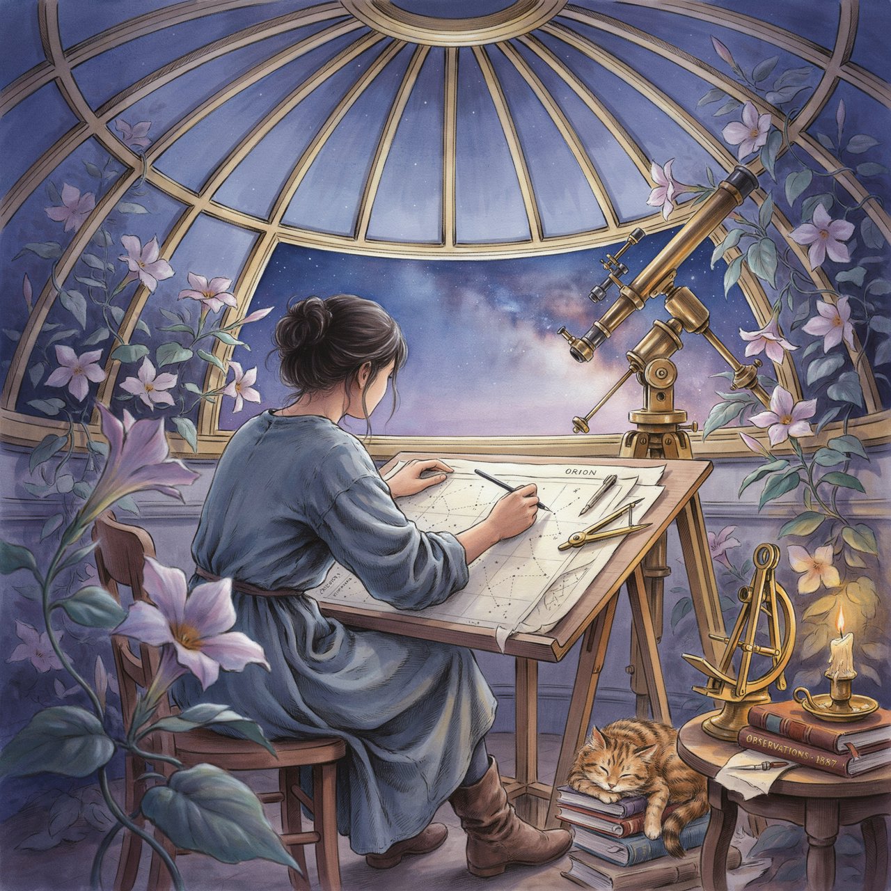 Ink-and-watercolour illustration of an adult astronomer mapping constellations from a glass-domed observatory, surrounded by brass instruments and flowering night plants. Indigo, lavender, and pale gold palette, delicate linework, serene atmospheric detail. — Ideogram v4