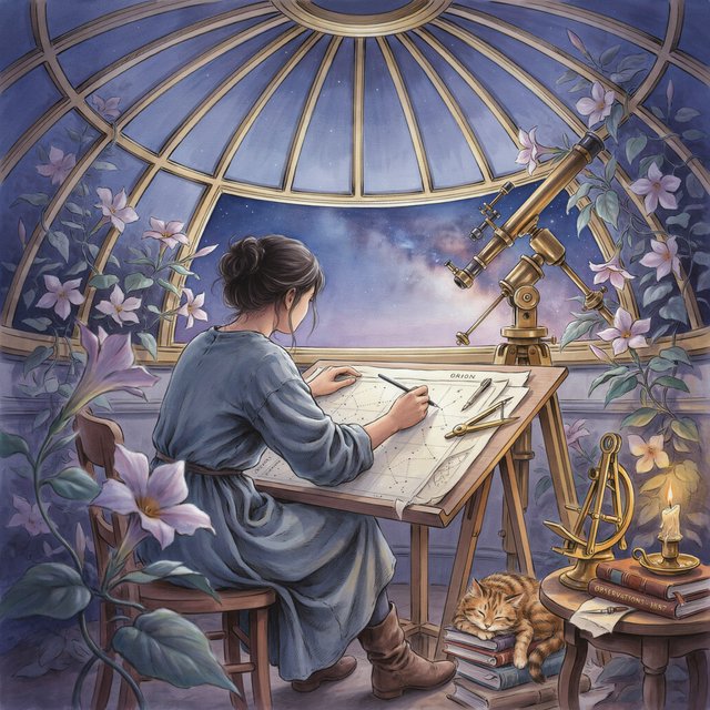 Ink-and-watercolour illustration of an adult astronomer mapping constellations from a glass-domed observatory, surrounded by brass instruments and flowering night plants. Indigo, lavender, and pale gold palette, delicate linework, serene atmospheric detail. — Ideogram v4