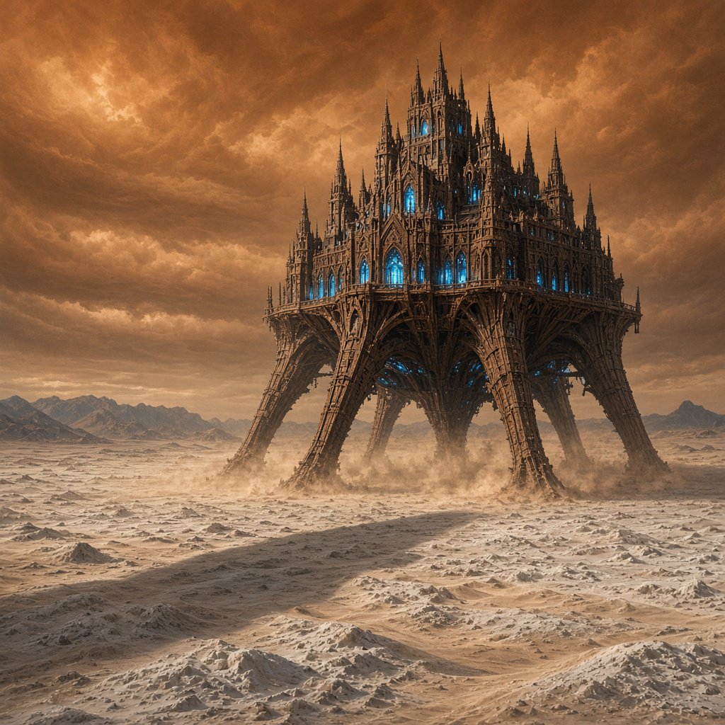 A colossal walking citadel crosses a salt desert, its ironwood legs striding through windblown dunes beneath a copper storm. Blue furnace light leaks from carved windows, casting a long shadow toward distant mountains. — Grok Imagine Image 2
