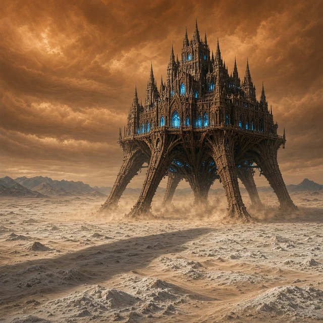A colossal walking citadel crosses a salt desert, its ironwood legs striding through windblown dunes beneath a copper storm. Blue furnace light leaks from carved windows, casting a long shadow toward distant mountains. — Grok Imagine Image 2