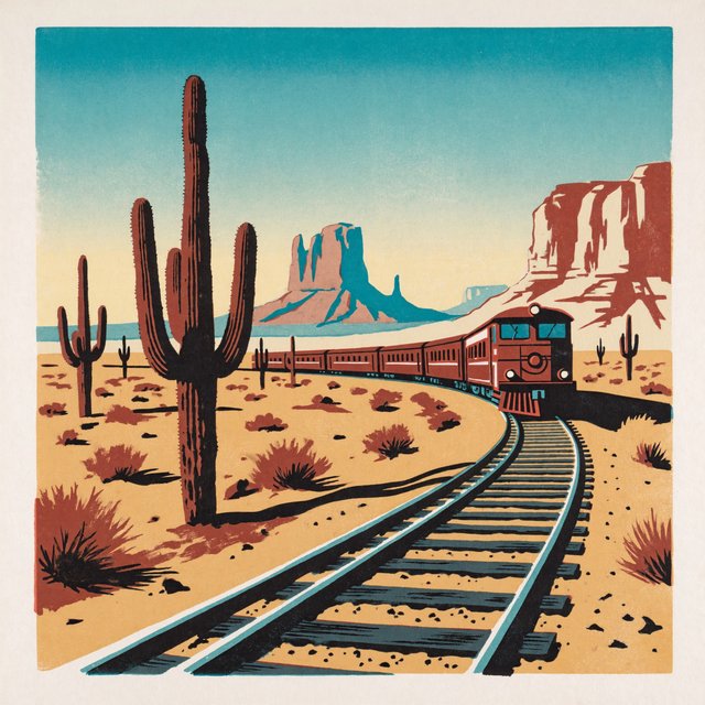 At dawn, a scarlet desert train curves past saguaro silhouettes toward a mesa; screen-printed gouache illustration in mid-century travel-poster style, palette of rust, turquoise, sand, and cream, no lettering. — ImagineArt 2
