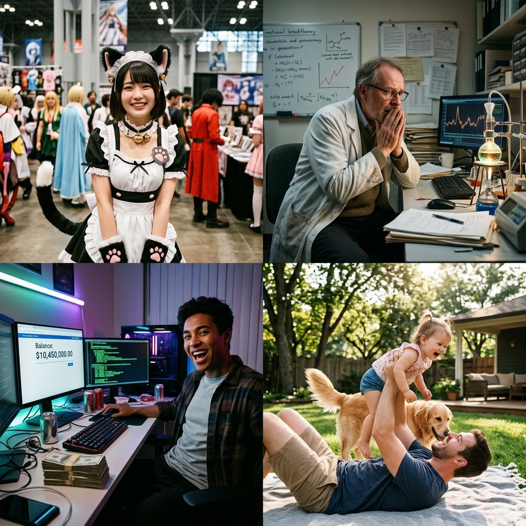 Realistic. Four scenes in one. 1) A pretty Japanese woman, about 19–23 years old, in cat-type cosplay at an anime convention. 2) An old German man or woman, about 60–65 years old, finally having a breakthrough that would change the world. 3) A happy, mixed-race, 21-year-old female or male hacker checking their bank account, which has many zeros, with a bundle of cash near their PC. 4) A happy moment that would make you smile. — Nano Banana 2.1