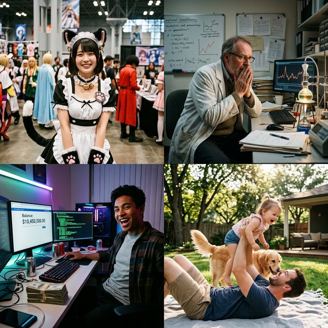 Realistic. Four scenes in one. 1) A pretty Japanese woman, about 19–23 years old, in cat-type cosplay at an anime convention. 2) An old German man or woman, about 60–65 years old, finally having a breakthrough that would change the world. 3) A happy, mixed-race, 21-year-old female or male hacker checking their bank account, which has many zeros, with a bundle of cash near their PC. 4) A happy moment that would make you smile. — Nano Banana 2.1