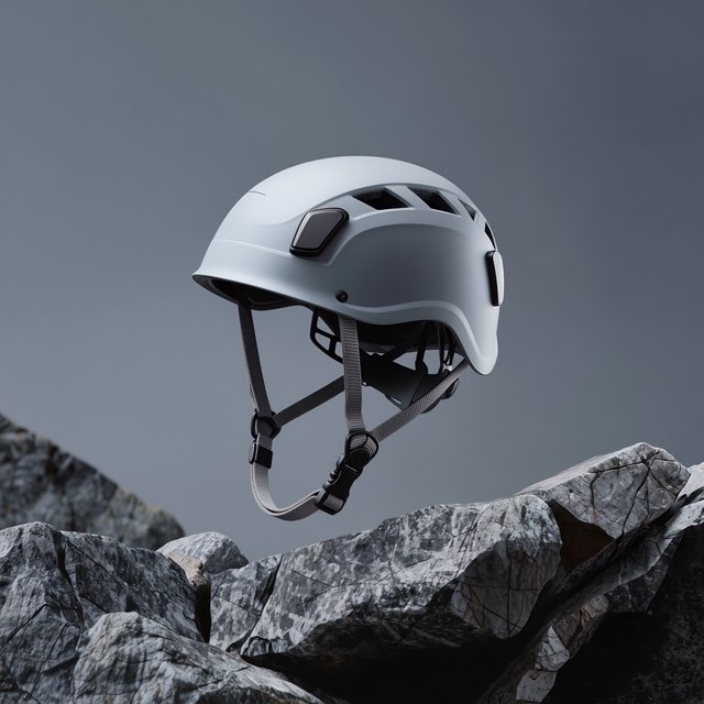 Against a muted slate backdrop, an unbranded climbing helmet with a matte recycled-polymer shell and woven nylon straps rests on rough granite; broad diffused key light and a cool rim light shape this commercial product image, with no lettering. — Kling v3