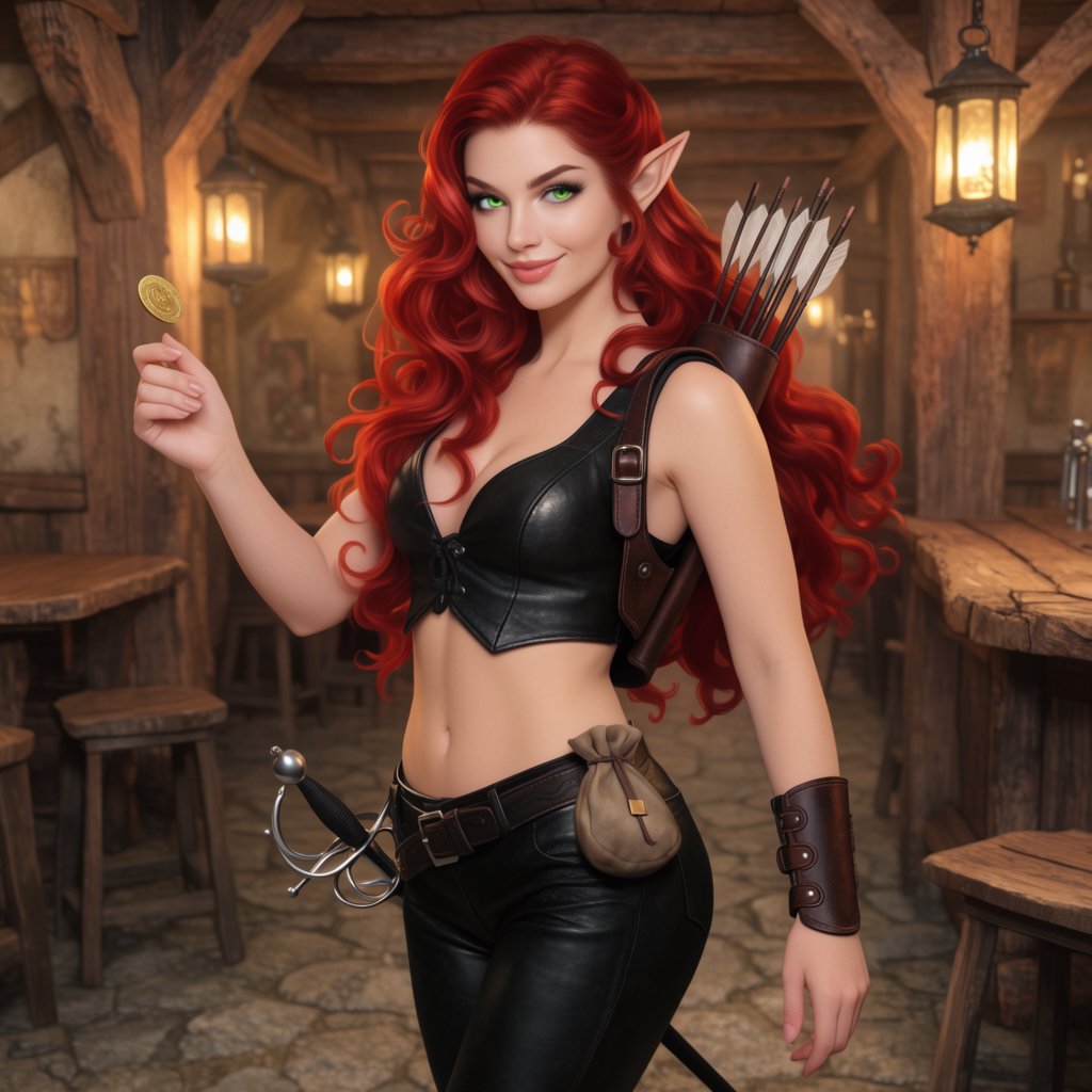 A beautiful, slim adult elf woman wearing black leather pants and a black leather crop top that leaves her belly exposed. She has stunning, intense green eyes and long, flowing, curled red hair. She is smiling; she is a rogue, with a rapier hanging from her belt. She is catwalking through a medieval fantasy tavern at night while flipping a golden coin, in a realistic fantasy style. — Krea 2 Large