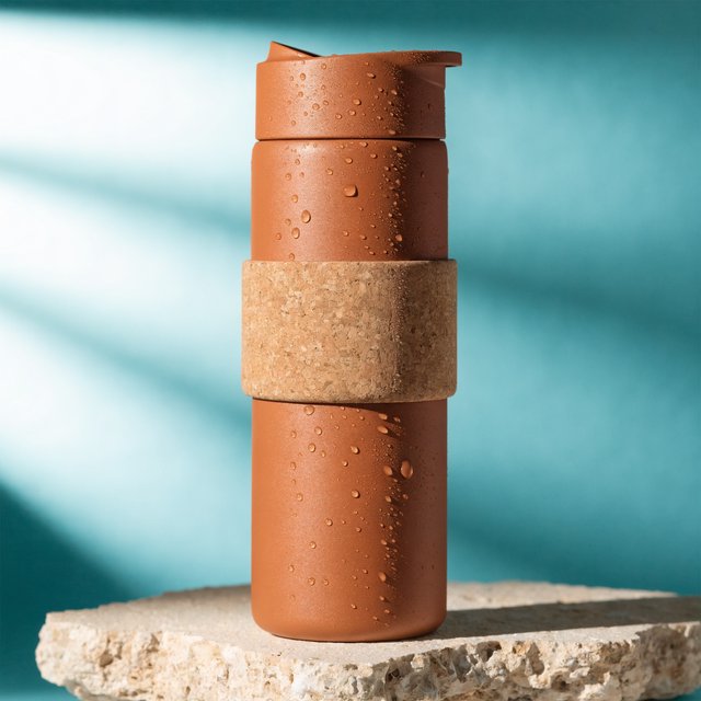 Commercial product photograph of an unbranded insulated travel mug made from matte terracotta powder-coated steel with a cork grip, standing on a pale limestone slab against a soft teal background, lit by broad diffused window light and a gentle edge light. — Recraft v4 Pro