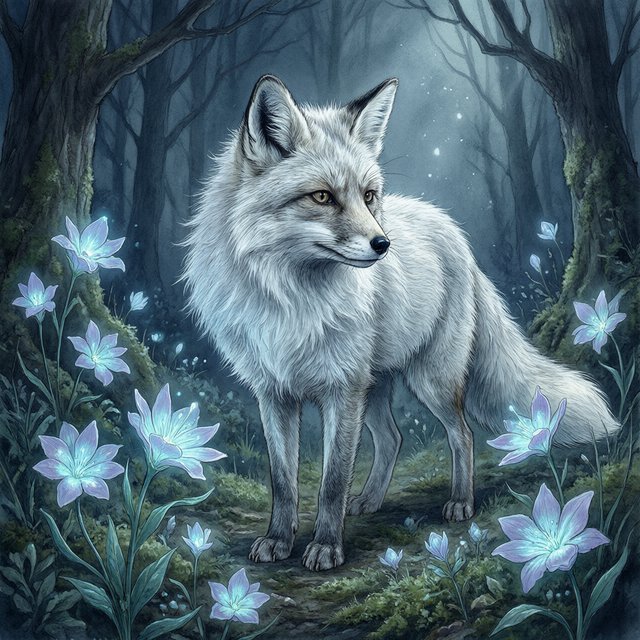 A majestic fox with fur like spun moonlight, standing in a clearing bathed in ethereal light. Bioluminescent flowers bloom around its paws, casting a soft, otherworldly glow. The scene is rendered in a detailed watercolor illustration style, with delicate brushstrokes and a muted, mystical color palette. Cinematic lighting emphasizes the magical ambiance. — Model 18