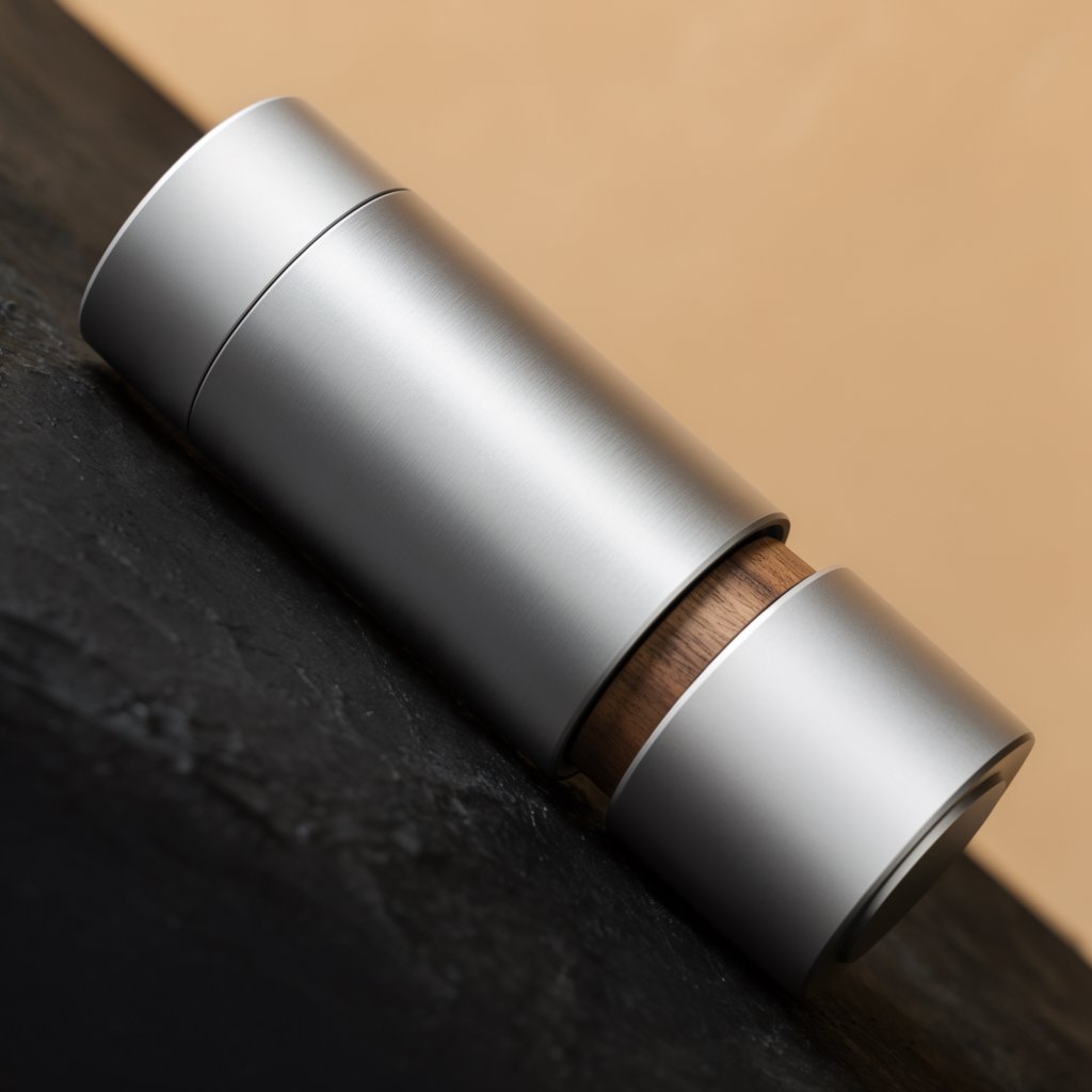 Commercial product photograph of an unbranded portable espresso grinder crafted from anodized aluminum with walnut accents, resting on a black stone surface against a warm beige background, illuminated by broad diffused studio light and a subtle edge highlight. — Krea 2 Large