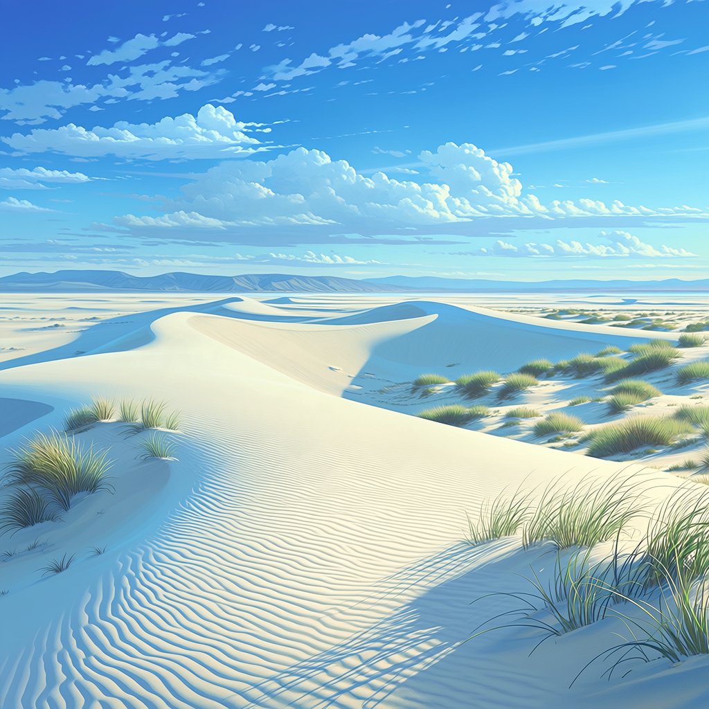 A pale gypsum dune field beneath a wind-brushed, cloudless midday sky, fine sand streaming over steep ridges; delicate ripple patterns and scattered salt-tolerant grasses sharpen the foreground as dunes soften toward a distant basin. — Midjourney Niji 7