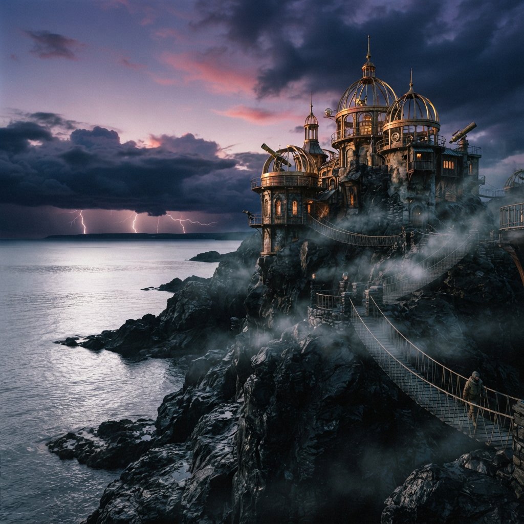 A wind-carved observatory crowns black cliffs above a silver inland sea, its open brass domes catching the last rose light. Salt mist drifts through suspended bridges as distant storms flicker beyond the horizon. — Nano Banana 2 Lite
