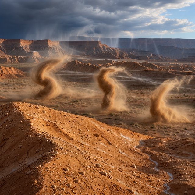 Wind-driven dust devils spiral across ochre badlands beneath a storm-clearing late-afternoon sky; pebble-studded clay ridges and tiny erosion grooves sharpen nearby, while layered mesas recede through veils of rain. — FLUX 3 Image Klein