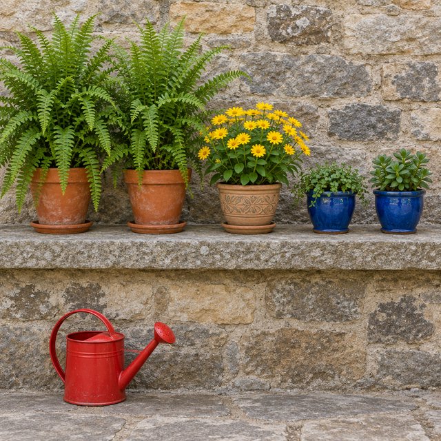 Exactly five potted plants stand on a stone ledge: two tall green ferns on the left, one flowering yellow plant in the center, and two small blue pots on the right. A red watering can sits below, nothing else. — GPT Image 2.5 Flare