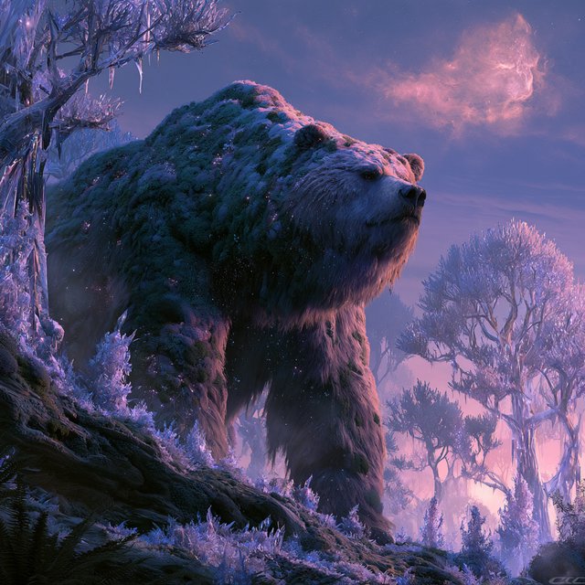 A colossal ancient bear, its fur woven with moss and starlight, stands at the edge of a shimmering, otherworldly forest. The trees are made of crystal and emit a soft, ethereal glow. In the distance, a nebula swirls in the twilight sky. The scene is rendered in a fantasy art style, with surrealist elements and cinematic lighting that emphasizes the majestic scale of nature. — Midjourney V8.2