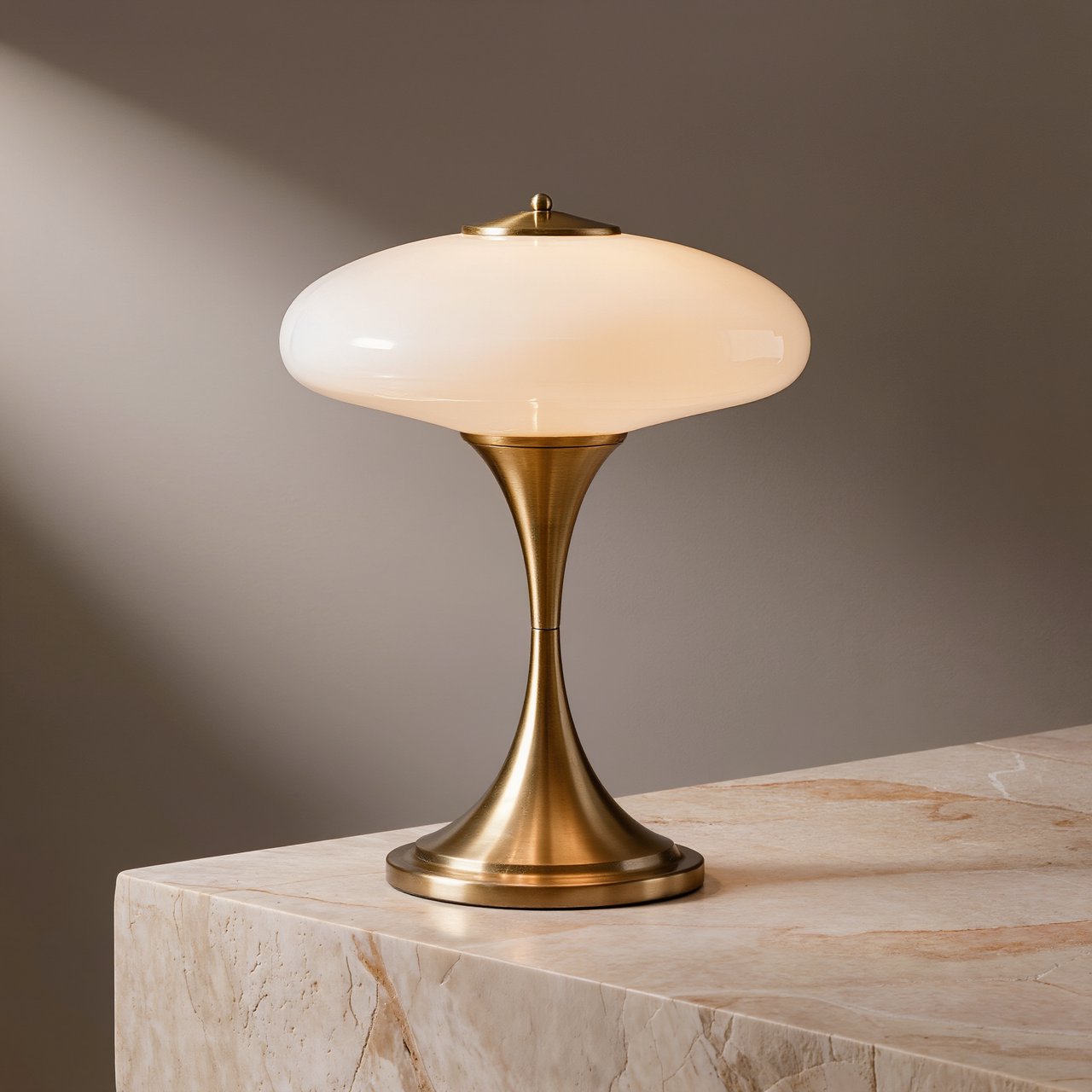 Commercial product photograph of an unbranded sculptural desk lamp made from brushed brass and opal glass, resting on pale travertine, against a warm gray background, with soft diffused light from upper left and gentle grounding shadow. — Kling v3