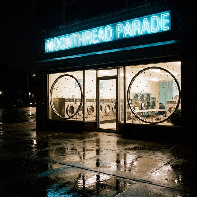 At midnight, moths circle the laundromat’s glowing round windows while chrome washing machines gleam inside; “MOONTHREAD PARADE” shines in icy blue neon above the entrance, reflected across the wet pavement, with no other lettering visible. — Nano Banana 2 Lite
