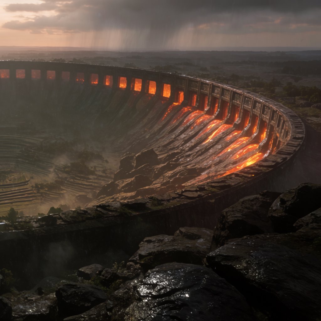 A colossal ring-shaped dam bridges a volcanic caldera, its black stone spillways veined with molten light. Rain veils the terraces as steam rises into a bruised dusk sky. — Krea 2 Large