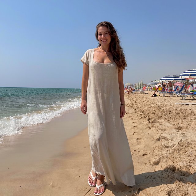 Authentic amateur photo of a beautiful adult woman standing at an Italian beach during vacation time. She wears appropriate clothing. It is noon. — Kling v3