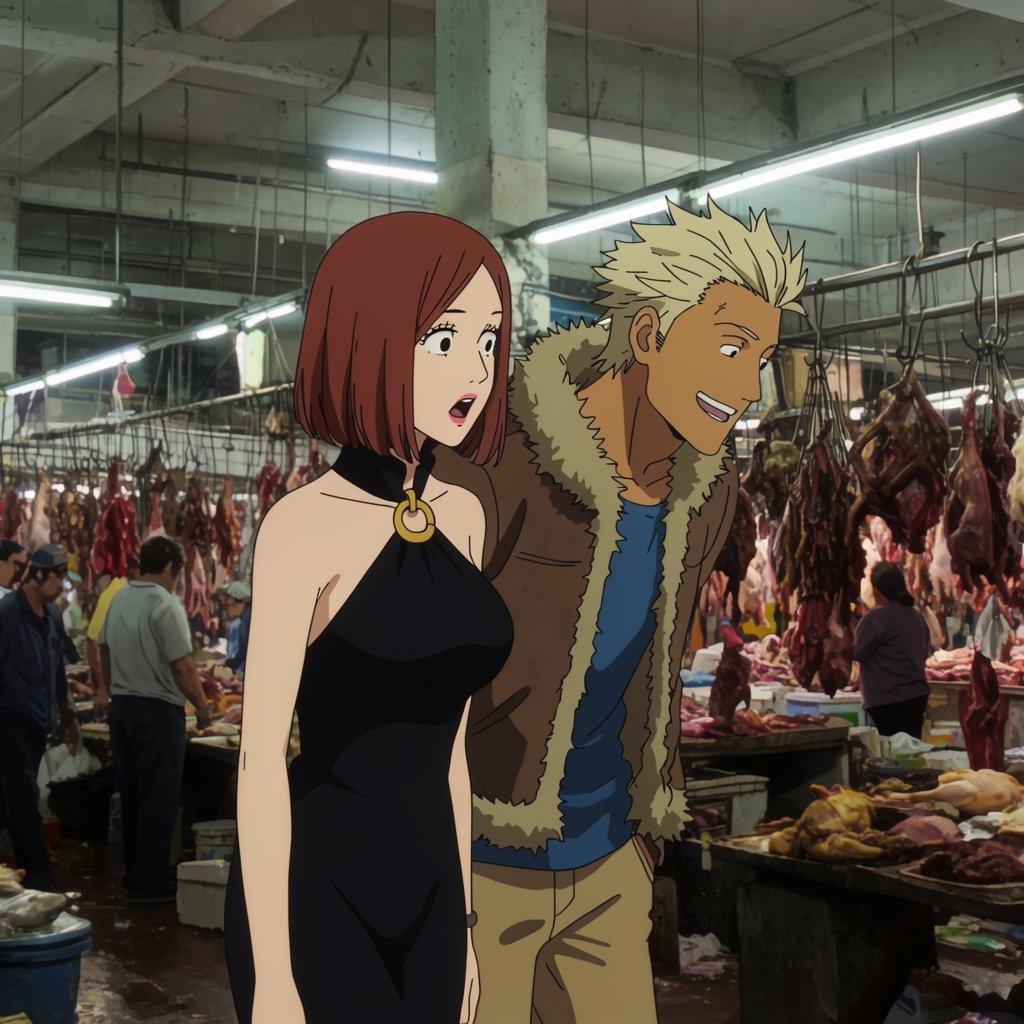 Glamorous adult couple browsing an exotic meat market. The woman has a look of pure surprise at what is on sale. The man just laughs at her reaction! The market is busy and well lit. — Krea 2 Large