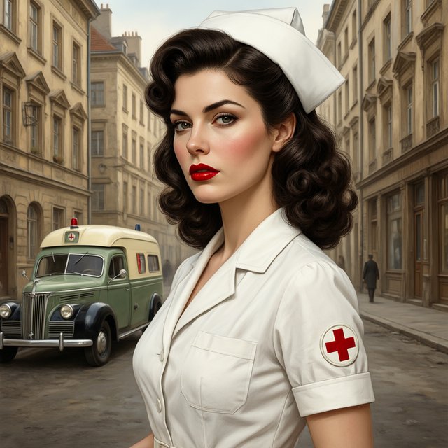 A digital illustration depicts an attractive vintage-style nurse with fair skin and dark, curly hair styled in waves reminiscent of past decades. She wears red lipstick, a white nurse's cap, a uniform, and a cross emblem on her sleeve. A classic European street scene featuring an ambulance and old buildings forms the background. — Qwen Image 3.0