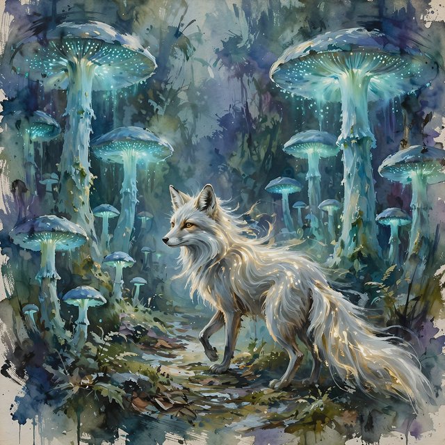 A solitary fox with fur like molten moonlight walks through an ethereal forest. Towering, bioluminescent fungi illuminate the path, casting an otherworldly glow. The style is reminiscent of early 20th-century magical realism, with bold, gestural brushstrokes akin to abstract expressionism, and a watercolor-like diffusion of light. — Model 14