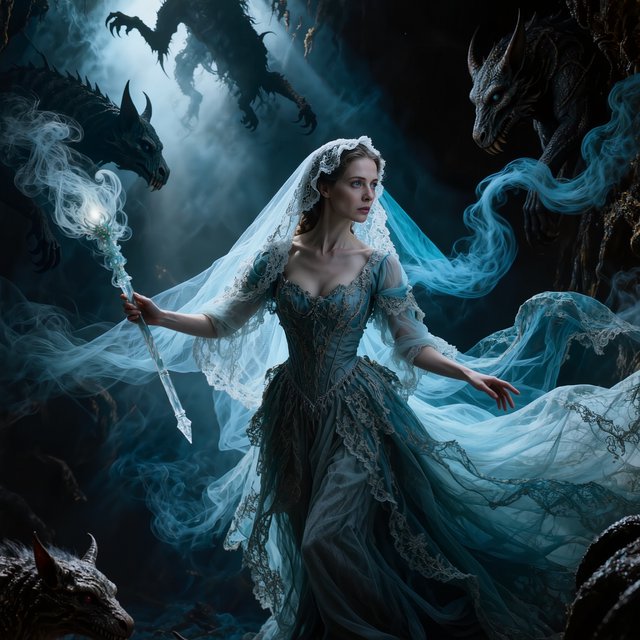 Baroque-style digital dark fantasy and cinematic Gothic horror; painterly realism, chiaroscuro à la Caravaggio; cool color palette of blues and turquoises, deep black shadows; swirling magical smoke, dynamic diagonal composition; intricate lace fabrics, detailed skin and creature textures; volumetric lighting, elegant, fluid movement; fantasy book cover illustration; dramatic storytelling, atmospheric depth. Gothic bride — Kling v3