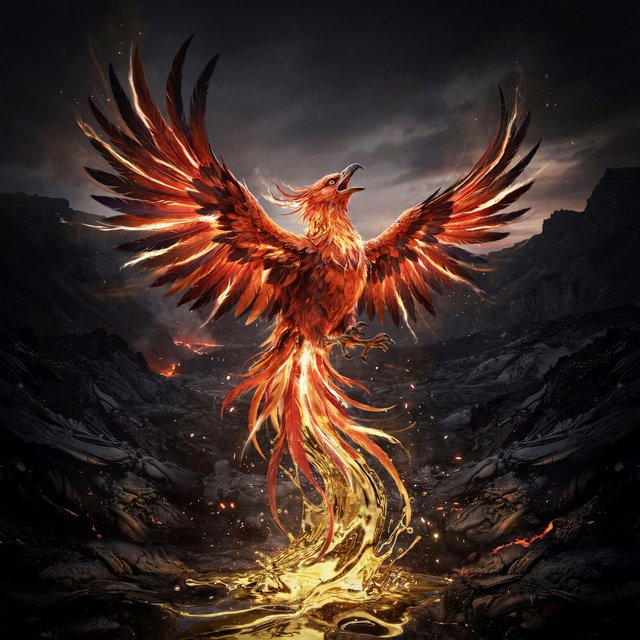 A majestic phoenix rising from a cascade of molten gold and shimmering embers against a backdrop of a dark, volcanic caldera. Its feathers are ablaze with brilliant oranges, reds, and fiery yellows. The air around it crackles with heat and energy. Style: Epic fantasy art with dynamic composition and vibrant color contrast — Ideogram v4.5