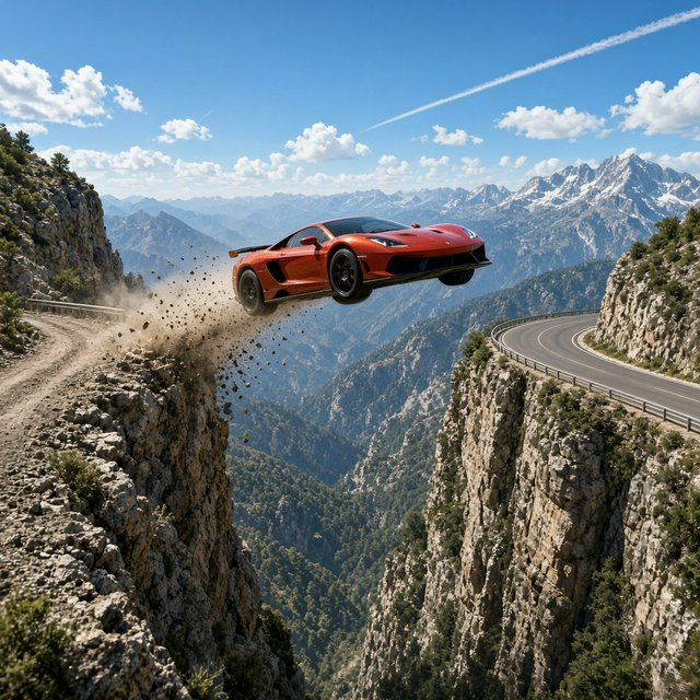 A sports car in a daredevil stunt has driven off a road from a high cliff, attempting to fly and land on the road on the next cliff. Beautiful mountainous background, sunny blue sky. Show motion, speed, and action. — Grok Imagine Image 2