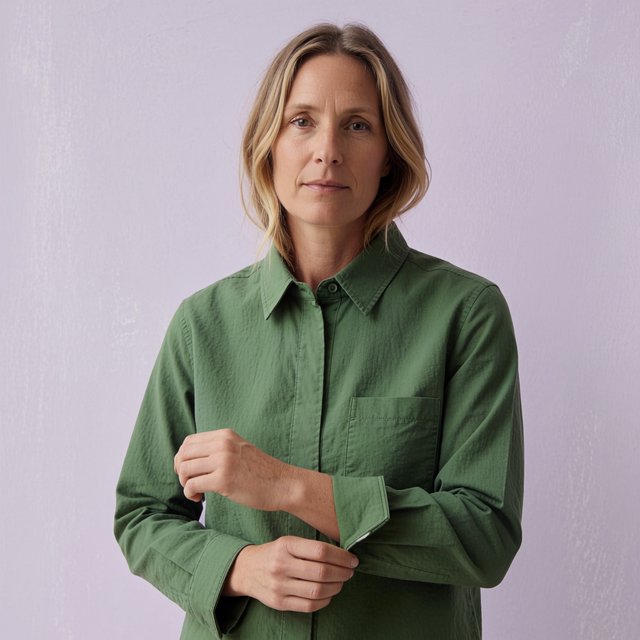 Portrait photograph of an adult woman in her late 30s wearing a moss-green cotton poplin shirt, fingers lightly turning its rolled cuff. Her calm, observant expression faces the camera against a chalky lavender backdrop, lit by soft diffused skylight. — Krea 2 Medium
