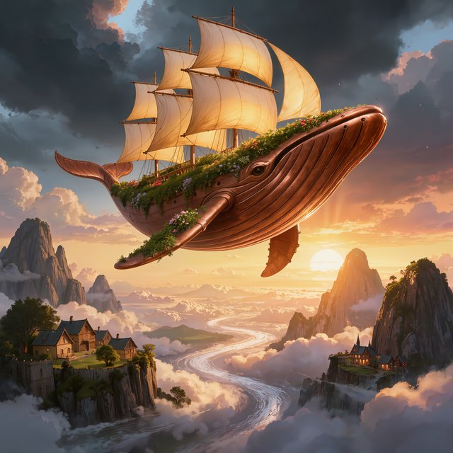 A vast, whale-shaped sky barge sails between mountain spires, its copper ribs supporting gardens and glowing sailcloth. Below, cloud rivers curl around tiny cliff villages as sunset pours through storm breaks, outlining the vessel in molten gold. — Kling v3
