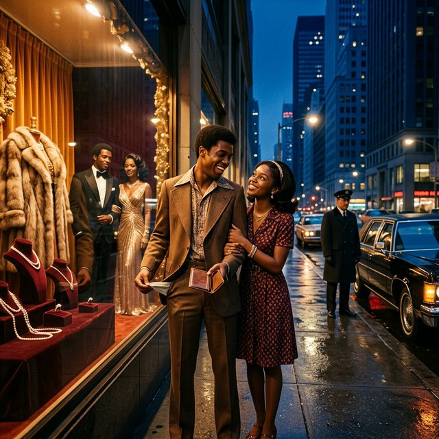 Cinematic city scene at night, with the glamour of 1970s soul romance. In the foreground, a young Black man in a modest brown wide-lapel suit smiles at his adult beloved, playfully turning out his empty trouser pocket while holding an almost-empty wallet. His adult girlfriend wears a burgundy patterned dress and delicate hairband; she holds his arm and gazes at him lovingly, unconcerned by his lack of money. Beside them, a grand department-store window glows amber, displaying a luxurious fur coat, regal evening gown, diamond rings and strings of pearls. In the glass, their reflections appear elegantly dressed, hinting at the lavish life he dreams of giving her. A polished black limousine waits at the curb beside a uniformed chauffeur. Wet pavement mirrors golden lights; deep blue city buildings balance the amber, cream and burgundy palette. Warm, joyful, sincere mood; realistic faces and hands, detailed fabrics and reflections. No text, borders or collage. — Nano Banana 2.1